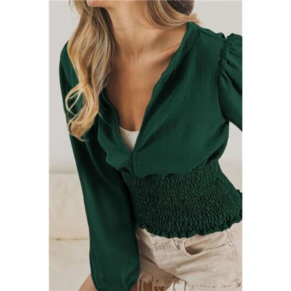 BiBi Smoking Waist Band and Puff Sleeves Deep V Neck Top - Picture 2 of 3